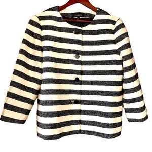 Talbots Black Cream Striped Button Front Long Sleeve Blazer Plus Size 14